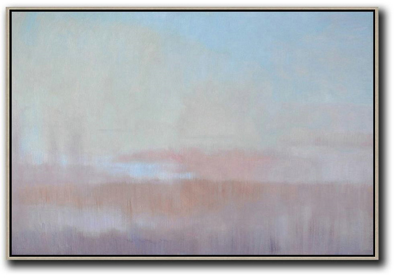 Large Abstract Art,Horizontal Abstract Landscape Oil Painting On Canvas,Living Room Canvas Art,Sky Blue,Light Yellow,Pink